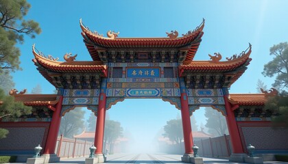 Fototapeta premium Ornate Chinese gate under blue sky with misty view.