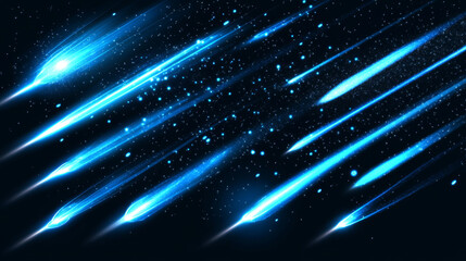 Glowing light flashes and luminous blur lights lines. Vector set of linear glow stripes effect. Blue and white neon comet, sun or starlight beams and rays burst and sparkles on transparent background