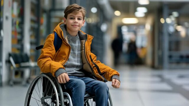 cheerful teenage boy in a wheelchair in modern school corridor