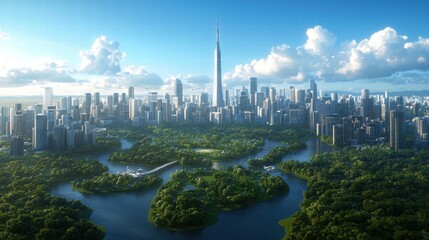 Fototapeta premium Bustling Metropolis Surrounded by Lush Greenery and Vibrant Urban Life Under Clear Blue Sky