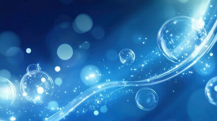 Abstract Blue Bubbles and Glowing Lights Background.