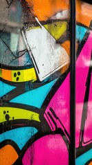 Obraz premium colorful graffiti on a window, sharp and vivid details, urban and artistic atmosphere, dynamic and vibrant composition, intricate textures of the glass