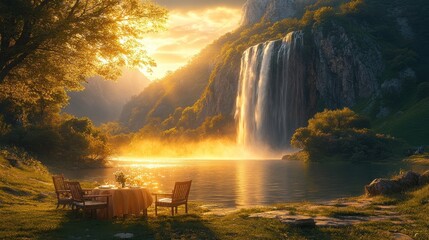 A serene landscape featuring a waterfall, table setting, and sunset glow.