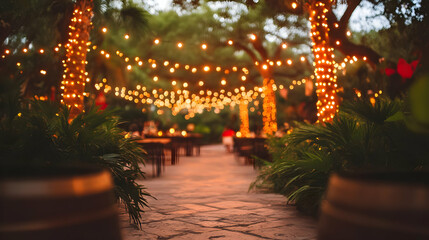 Enchanted Pathway Illuminates with String Lights at Dusk, Creating a Magical Ambiance for Outdoor Gathering