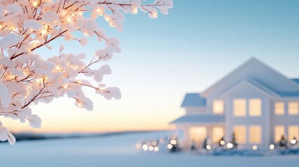 Serene Winter Scene with Snow Covered Branches and Cozy Home in the Background at Dusk