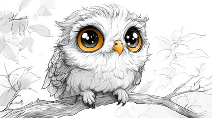 Fototapeta premium Adorable baby owl perched on a branch, large eyes.
