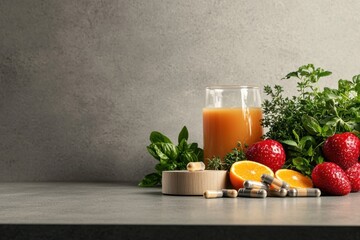 Fototapeta premium Refreshing supplement ads on a rustic kitchen countertop featuring fresh ingredients and beverages in a cozy environment for healthy living