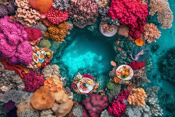 Vibrant coral reef surrounding a turquoise lagoon.  Colorful corals and diverse marine life create a stunning underwater scene. Ideal for travel, nature, and ocean themes.