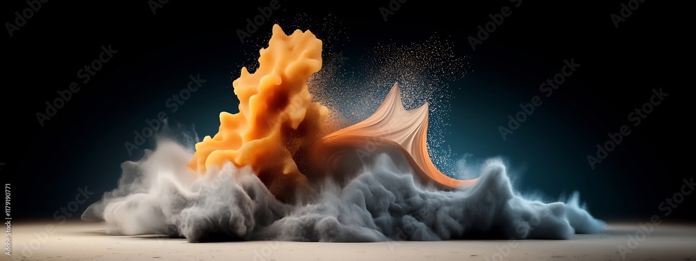 Poster a vibrant and dynamic depicting the interaction of a wave packet with an obstacle resulting in the d