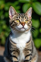 Majestic Gaze: A captivating portrait of a tabby cat with striking yellow eyes, captured in a lush green garden setting. The image evokes a sense of serenity and natural beauty. 