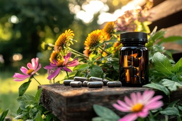 Vibrant garden scene featuring vitamin supplement ads nature setting product photography floral environment outdoor perspective wellness concept for seo impact