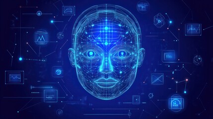 A glowing wireframe face surrounded by neural network visuals and futuristic tech icons, symbolizing artificial intelligence