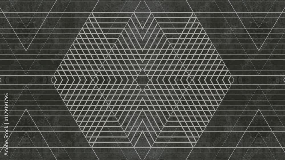 Aufkleber Optical effect in the movement of a symmetrical pattern composed of rectangles that smoothly change shape. The dark textured background, reminiscent of scratched metal. 3d rendering loop animation 4K