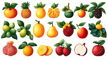 Assortment of Ripe Fruits with Green Leaves Shows a Variety of Fresh and Juicy Fruits in Vibrant Colors