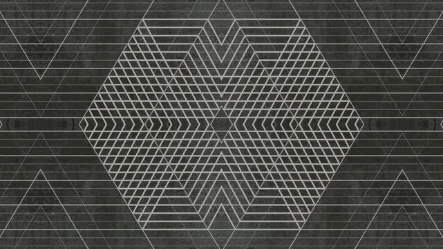 Optical effect in the movement of a symmetrical pattern composed of rectangles that smoothly change shape. The dark textured background, reminiscent of scratched metal. 3d rendering loop animation 4K