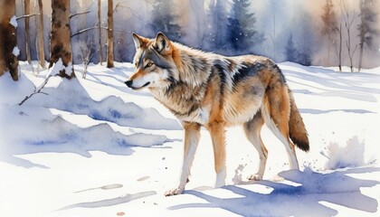Naklejka premium Watercolor illustration of a wolf walking through snowy woods during the day