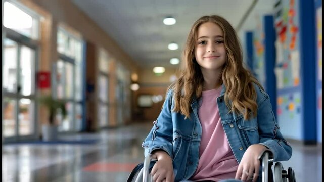 happy teenage girl in a wheelchair in modern school
