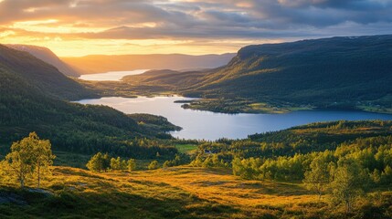 Serene Lake Landscape at Sunset with Lush Green Hills and Sky