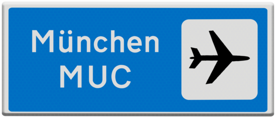 Digital composite. Road traffic sign for Munich MUC airport, one of the ten most busiest airports in Germany with regard passenger numbers. german