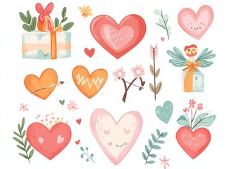 cute cartoon Valentine's Day elements set, rainbow hearts and lips, Cupid with bow and arrow, gift boxes, and flowers. Love concept in a simple style cartoon doodle.