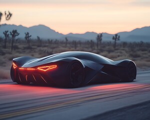 Futuristic black sports car driving on desert road at sunset.