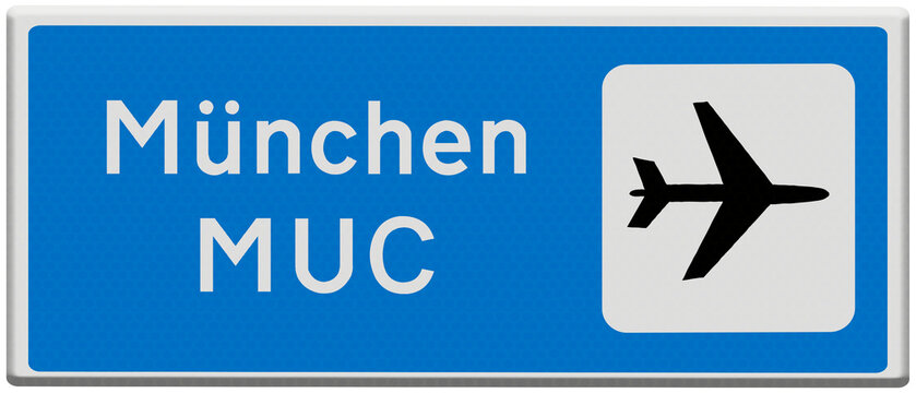 Digital composite. Road traffic sign for Munich MUC airport, one of the ten most busiest airports in Germany with regard passenger numbers. german