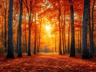 Fototapeta premium Sunlit autumn forest path with vibrant red and orange leaves.