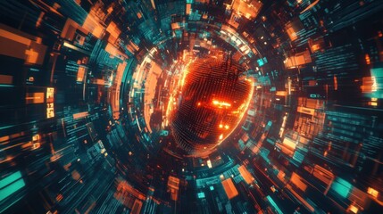 Obraz premium A high-tech AI concept with a glowing digital face surrounded by holographic visuals and data connections