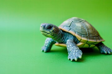 toy turtle realistic on green background. banner. copy space. place for text. world turtle day. environment protection 