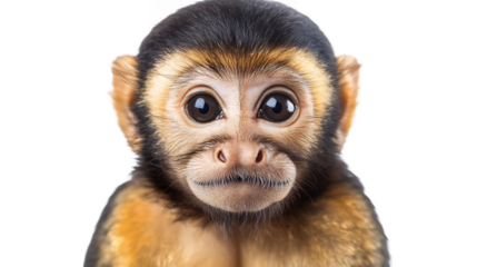 A charming capuchin monkey with expressive eyes and a playful expression isolated on a transparent background, PNG