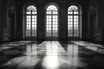 Fototapeta premium Monochrome vintage interior of a grand hall with ornate windows and marble flooring