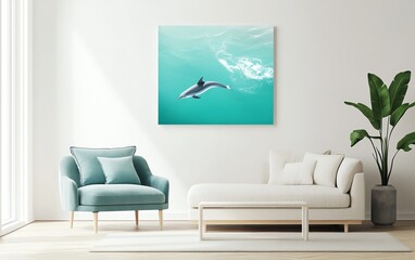 Serene underwater image of a dolphin swimming in turquoise water. Perfect for home decor, adding a calming and peaceful atmosphere to any room.