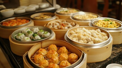 Open buffet table with Asian cuisine, including dim sum, fried rice, and noodle dishes