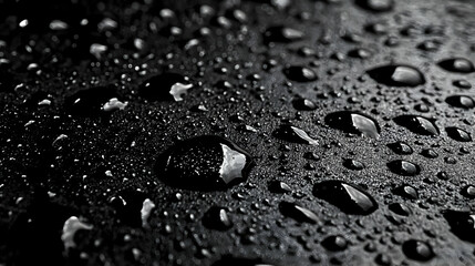 Water Droplets Glisten on a Textured Black Surface, Creating a Pattern of Reflections.
