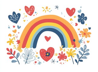 cute cartoon Valentine's Day elements set, rainbow hearts and lips, Cupid with bow and arrow, gift boxes, and flowers. Love concept in a simple style cartoon doodle.