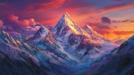 Obraz premium breathtaking mountain range at sunset, glowing vibrant colors, soft light transitions, detailed textures, tranquil atmosphere, vast scenic background