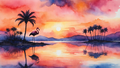 Fototapeta premium Vibrant watercolor illustration of a flamingo at sunset by a serene lake with palm trees in the background