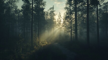 Fototapeta premium Mysterious Forest with Fog and Sunlight Streaming Through Trees