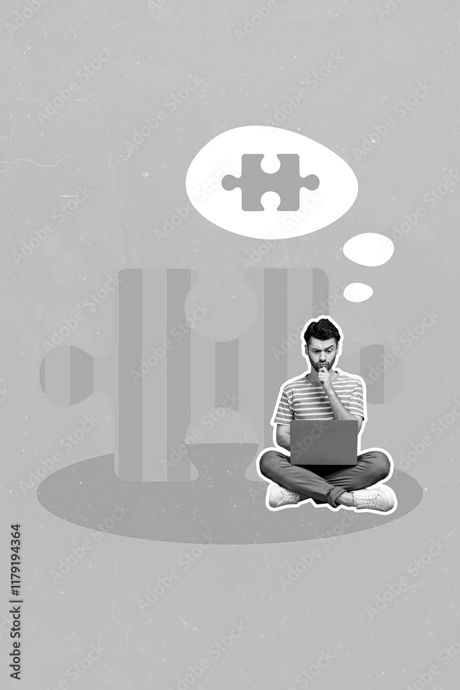 Aufkleber Creative abstract collage template graphics image of thoughtful guy playing jigsaw game modern gadget isolated drawing background