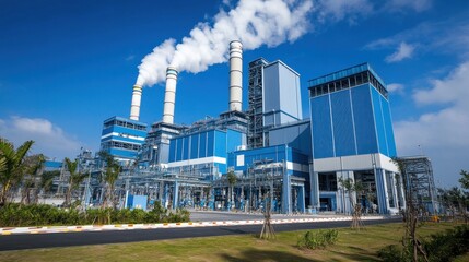 Modern power plant with smokestacks emitting steam against a bright blue sky.