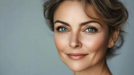 Mature Woman with Blue Eyes Looks Serenely at the Camera against a Soft Blue Backdrop