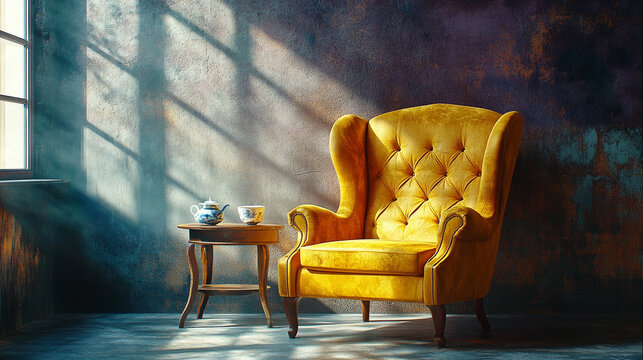 Fototapeta Przytulny dobrze oświetlony salon z fotelem i kwiatami na tle betonowej ściany, tło generative ai 