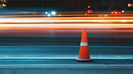 Orange traffic cone on a highway, with blurred motion of passing cars in the background