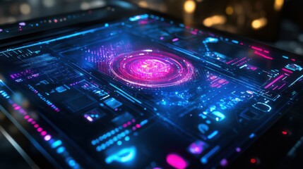 Obraz premium close-up of a glowing holographic interface on a futuristic screen, high-tech and detailed, vibrant and immersive composition
