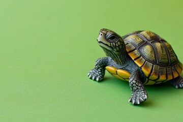 Fototapeta premium toy turtle realistic on green background. banner. copy space. place for text. world turtle day. environment protection 