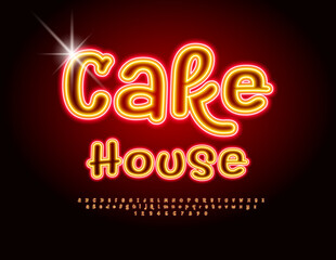Vector glowing emblem Cake House. Electric artistic Font. Neon set of Alphabet Letters and Numbers