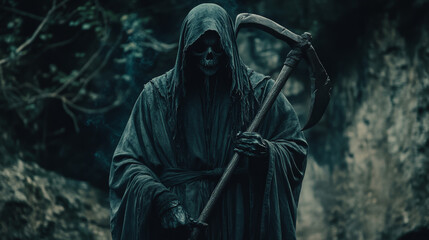 Death reaper in robe with scythe. Halloween scary horror grim with grabbing stretched hand. Color sketch icon for decoration element of greeting cards, posters, banners, books