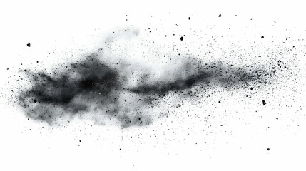 Black powder explosion cloud creates a dynamic, abstract design against a clean white backdrop.
