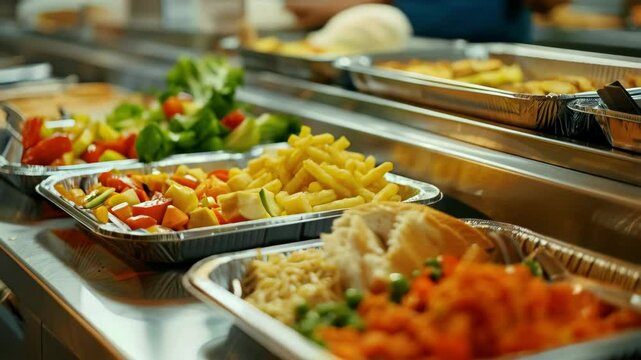 food on a metal tray in modern school canteen