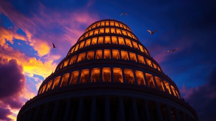 Obraz premium Majestic Ancient Tower at Sunset: A Breathtaking Architectural Marvel